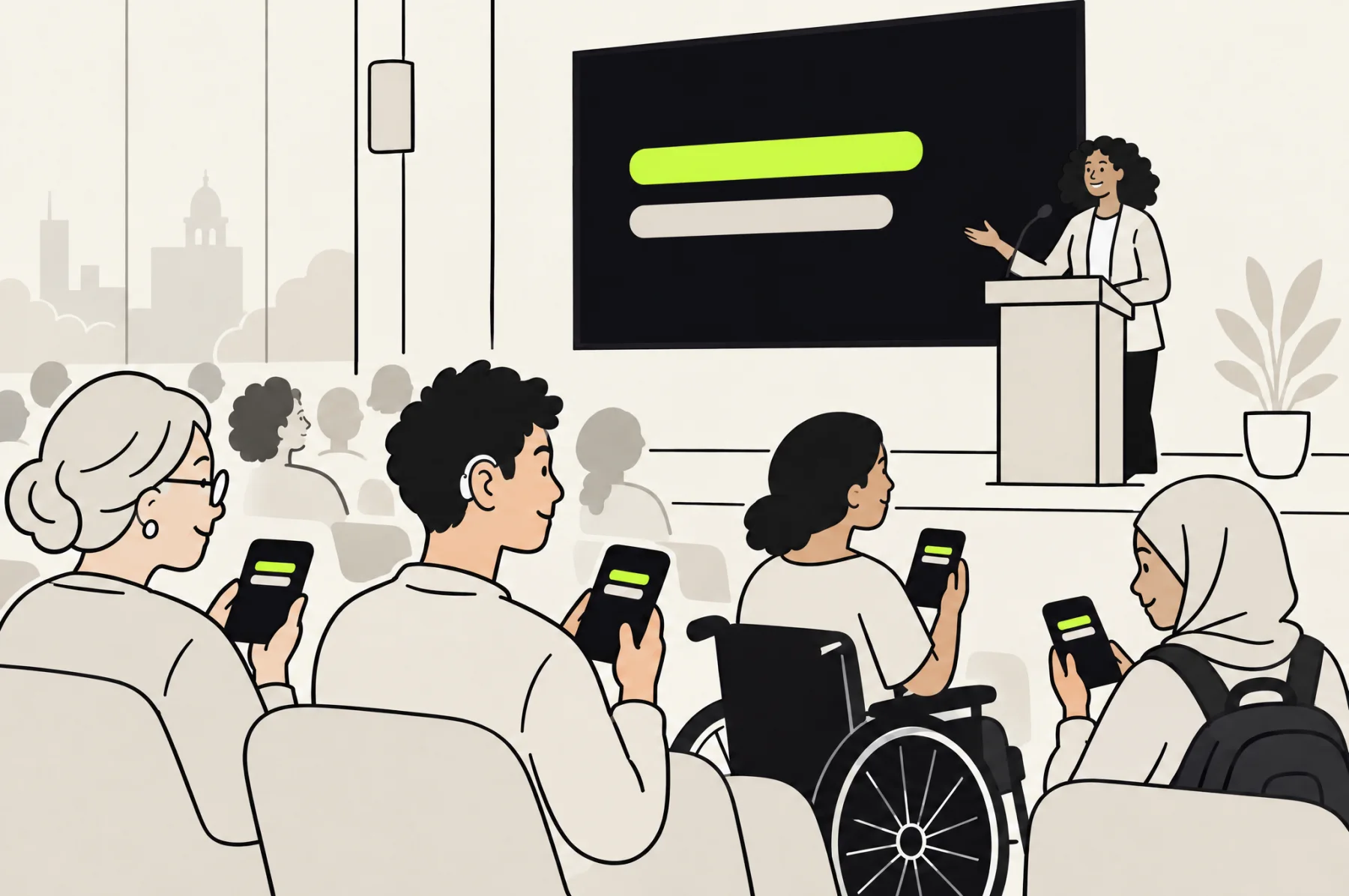 An audience following live captions on their phones while a speaker presents on stage