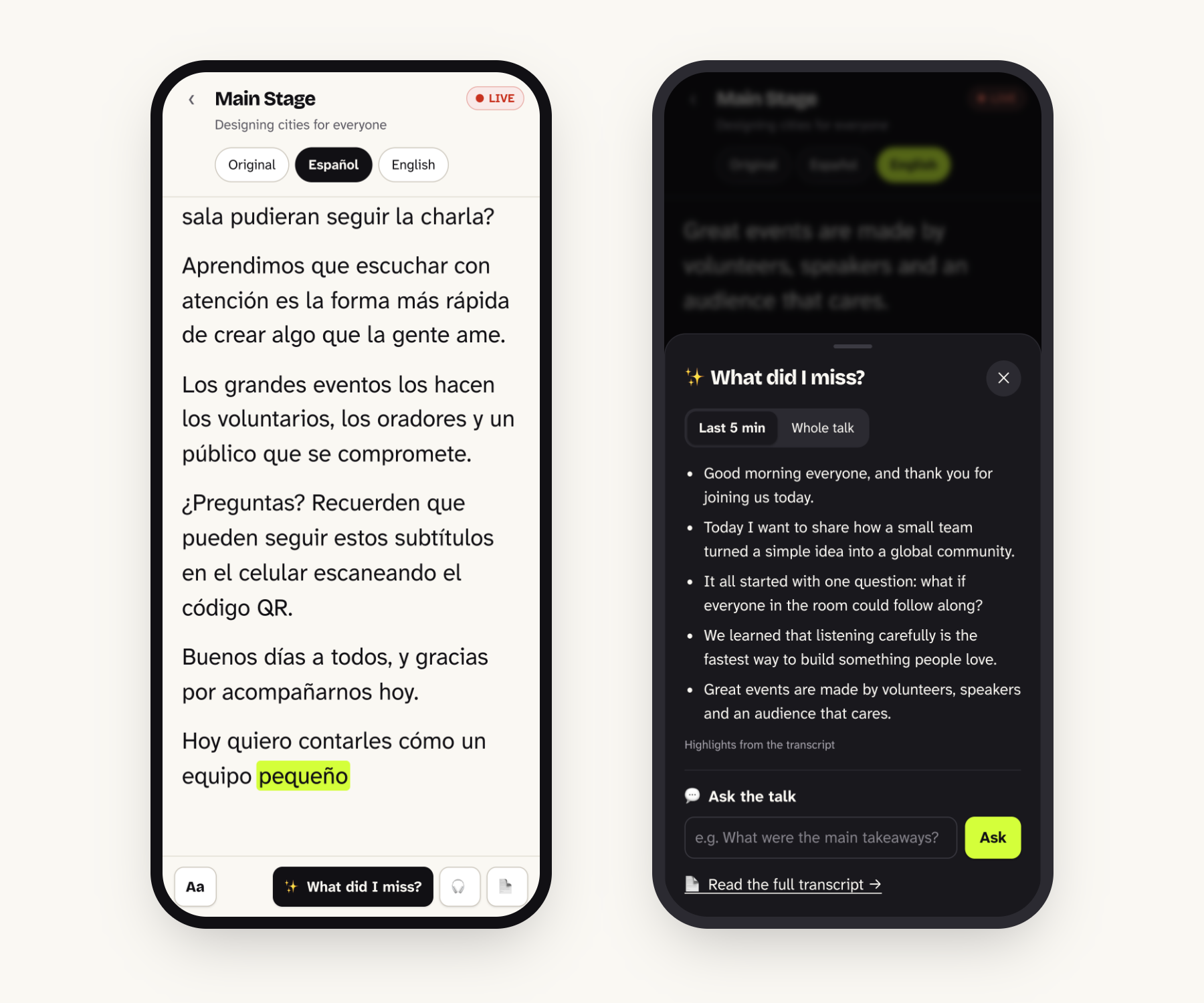Live captions and “What did I miss?” on a phone