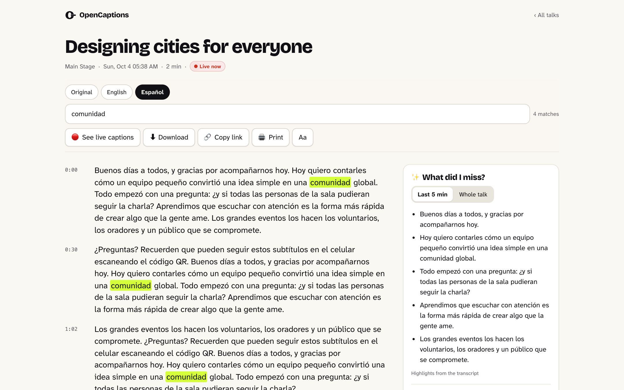 Searchable transcripts with an AI summary
